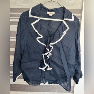 Talbots Dark Blue Linen Blouse with White Trim